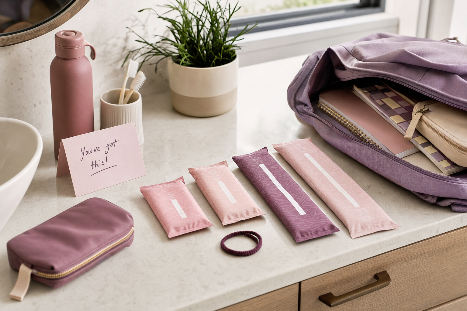 School backpack and wrapped period products arranged on a bright bathroom counter with a supportive note.
